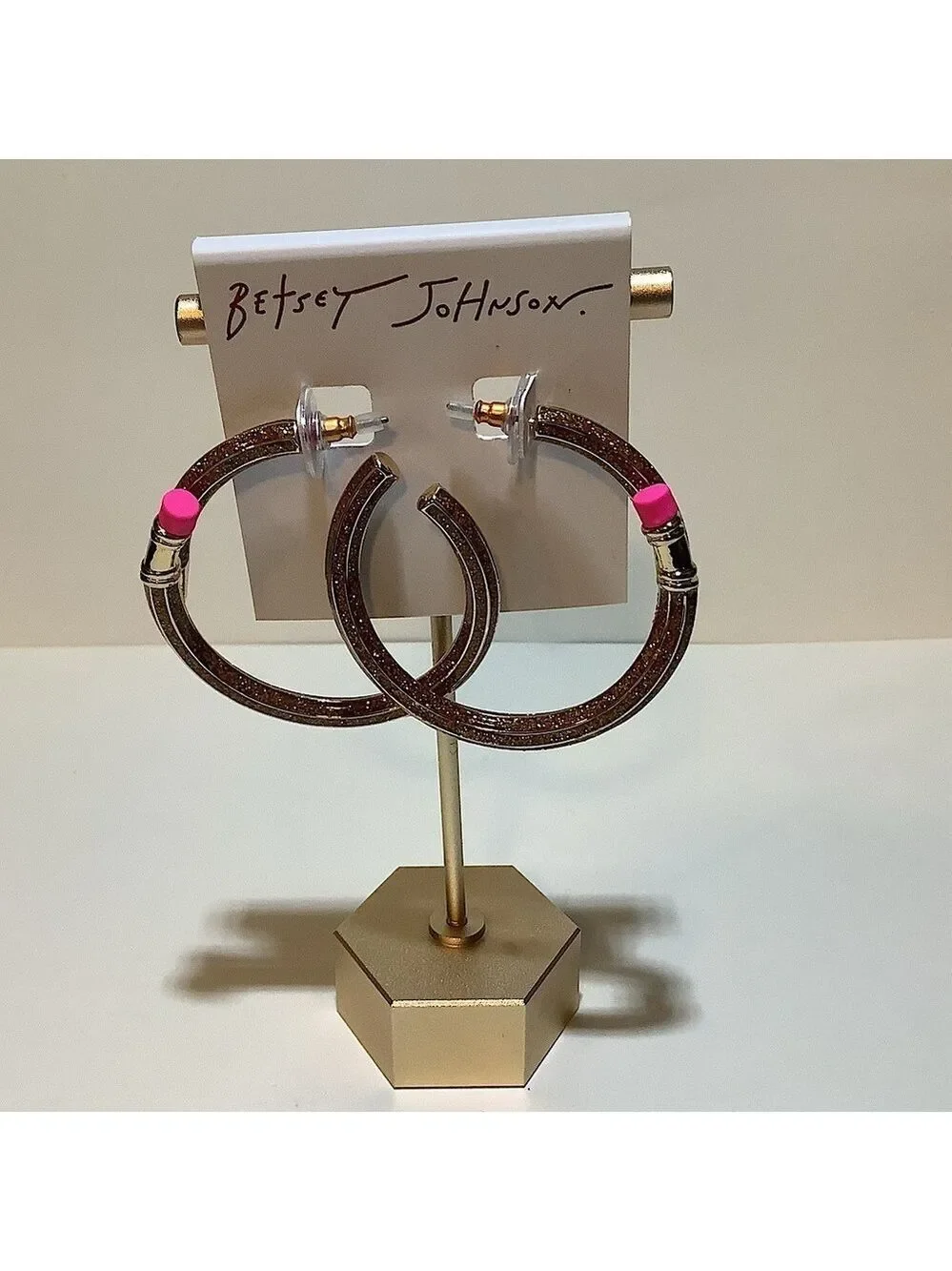 Betsey Johnson Round Pencil Gold Shimmer Earrings New